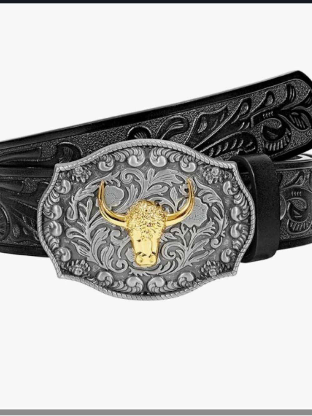 Western Floral Engraved Leather Belt with Bull Buckle for Jeans